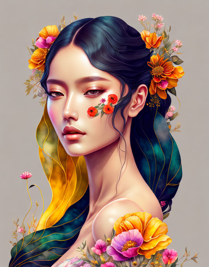 Stylized portrait of a woman with floral elements