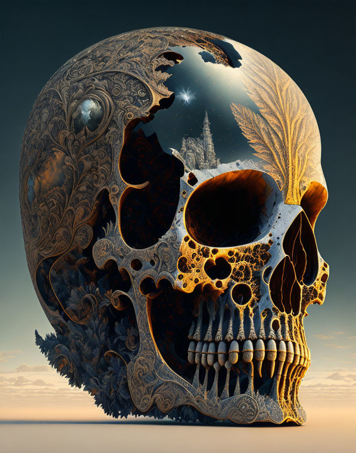 Surrealist skull with castle, moon, and tree designs