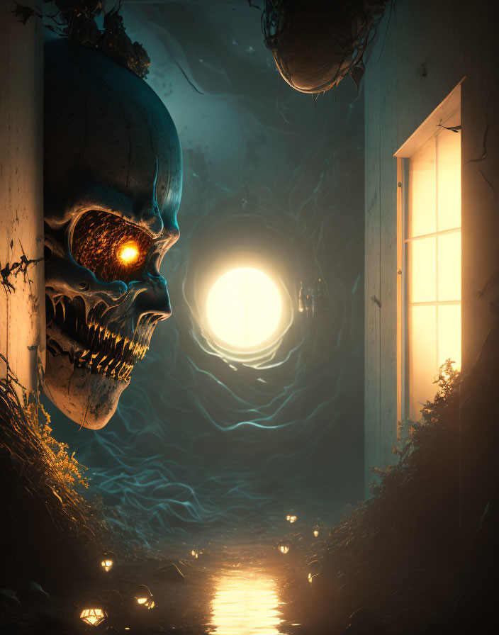 Giant skull with glowing eye in eerie moonlit scene