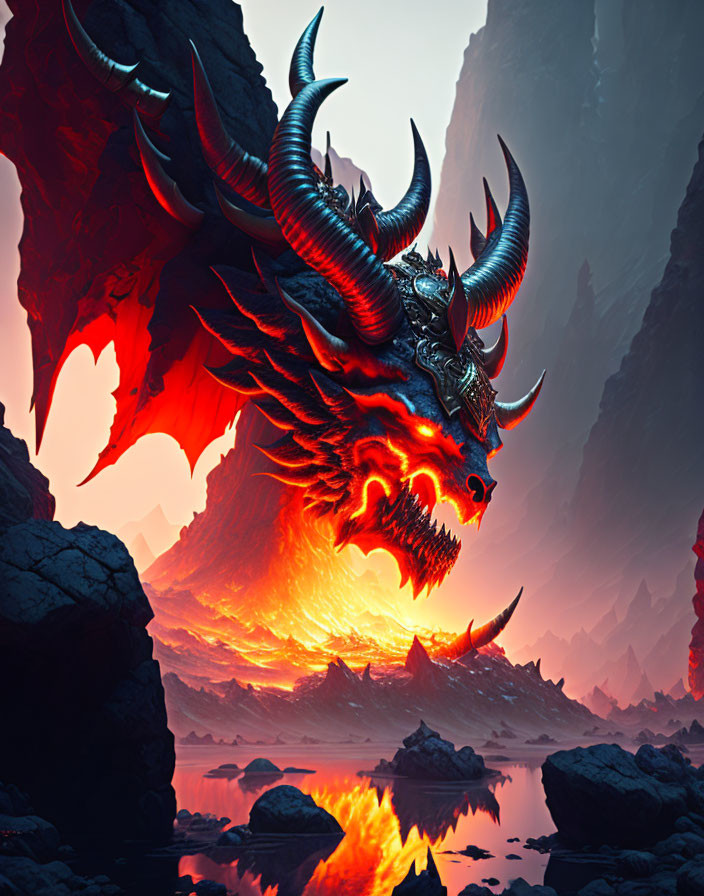 Dragon with multiple horns and red eyes against fiery backdrop and water reflection