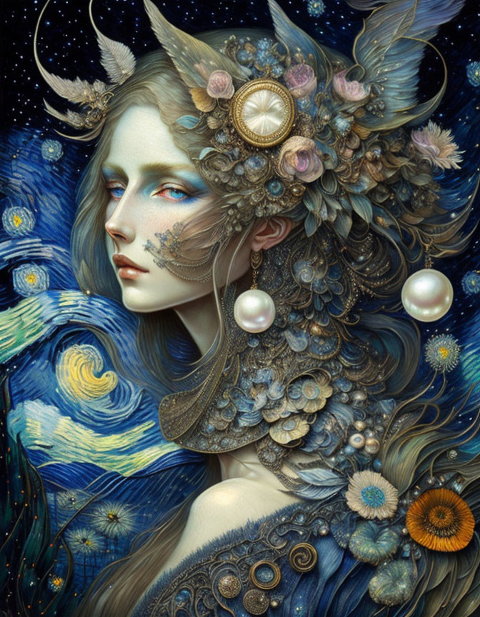 Ethereal Female Figure with Floral Patterns and Stars