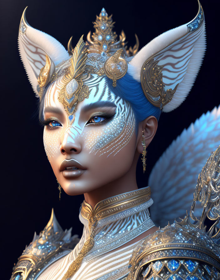 Fantasy female character portrait with blue hair and intricate gold and white armor