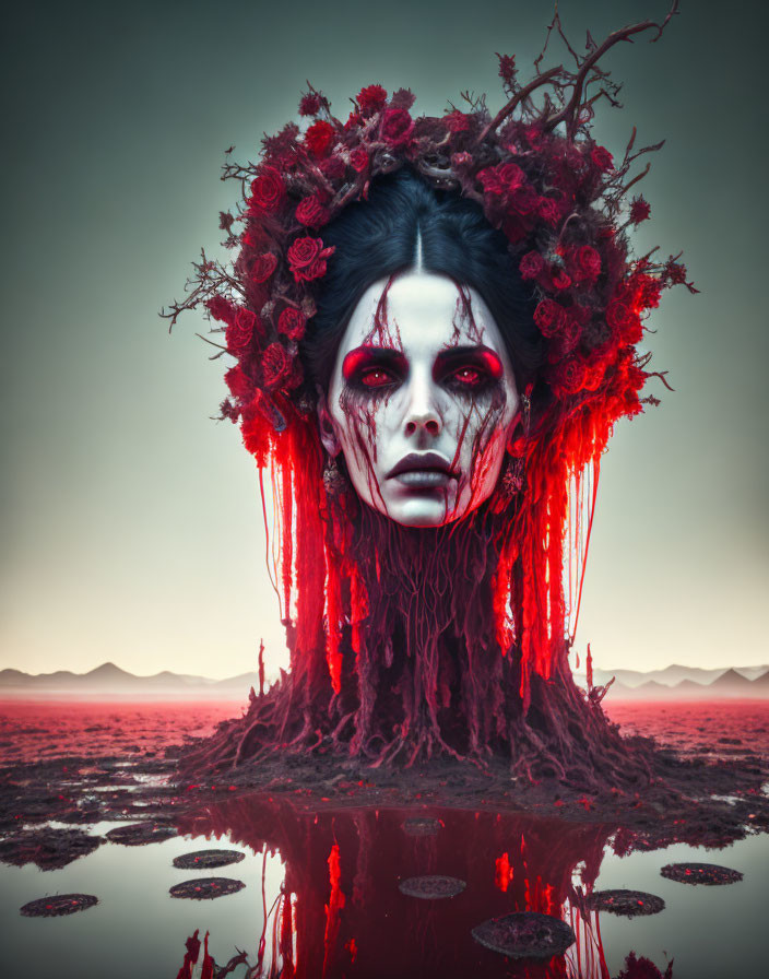 Surreal portrait of person with tree-like hair and red tears on dusky background