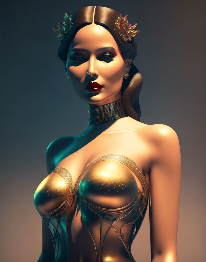 Golden female figure with leaf-like ornaments in 3D rendering