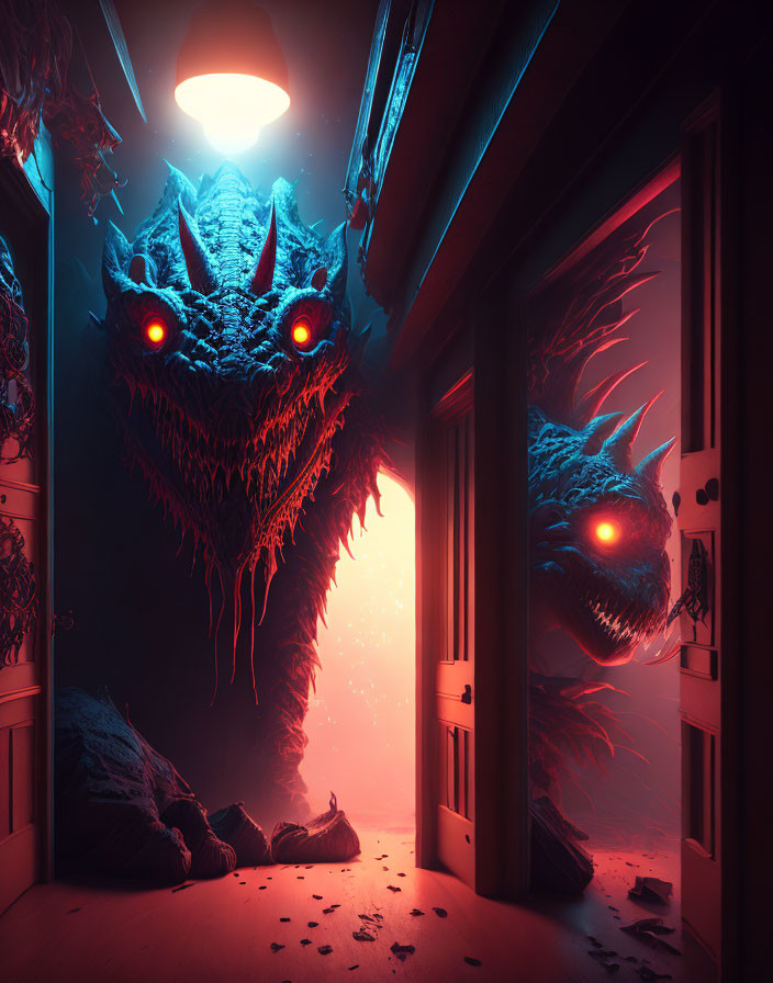 Surreal Scene of a Menacing Dragon Between Doors