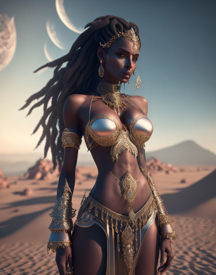 Fantasy 3D Render: Woman in Golden Armor in Desert with Double Moon