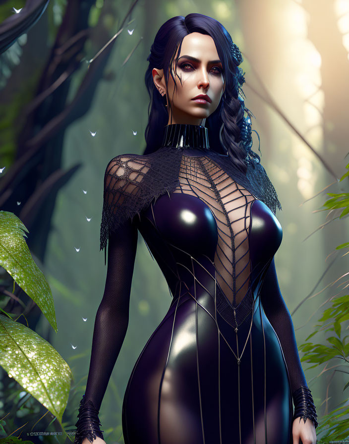 Digital artwork: Woman with dark hair and blue eyes in gothic attire in lush forest