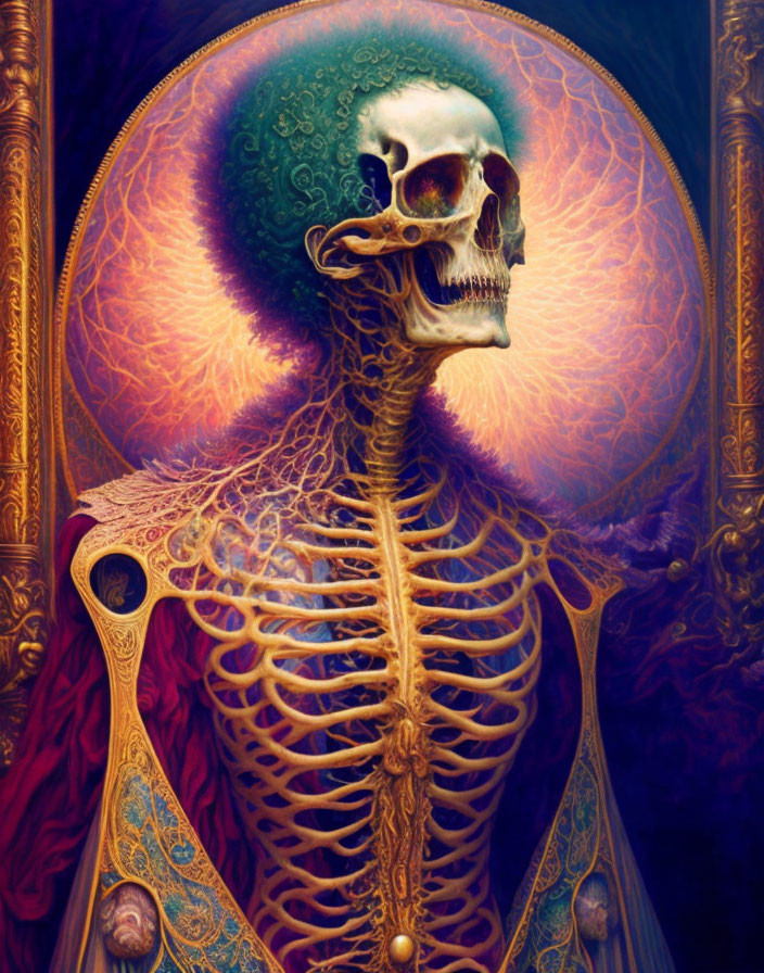 Detailed Skeleton with Intricate Patterns and Vibrant Background