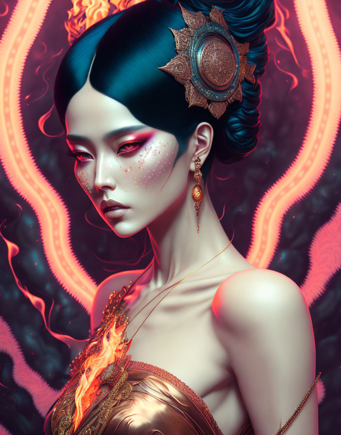 Woman with Blue Hair, Fiery Elements, Ornate Accessories: Mystical Aura Illustration