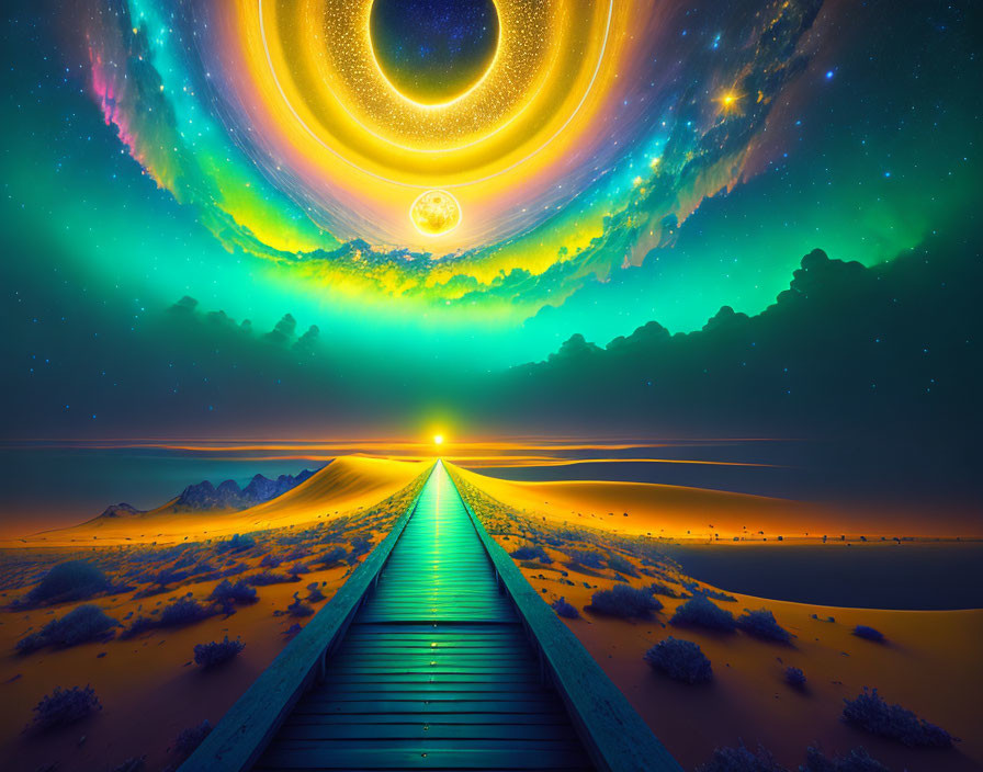 Surreal Landscape with Winding Boardwalk and Cosmic Sky