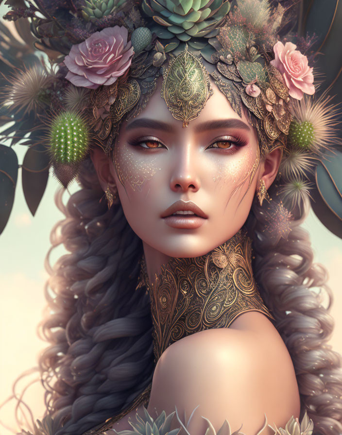 Elaborate Floral Headdress & Gold Tattoos Portrait