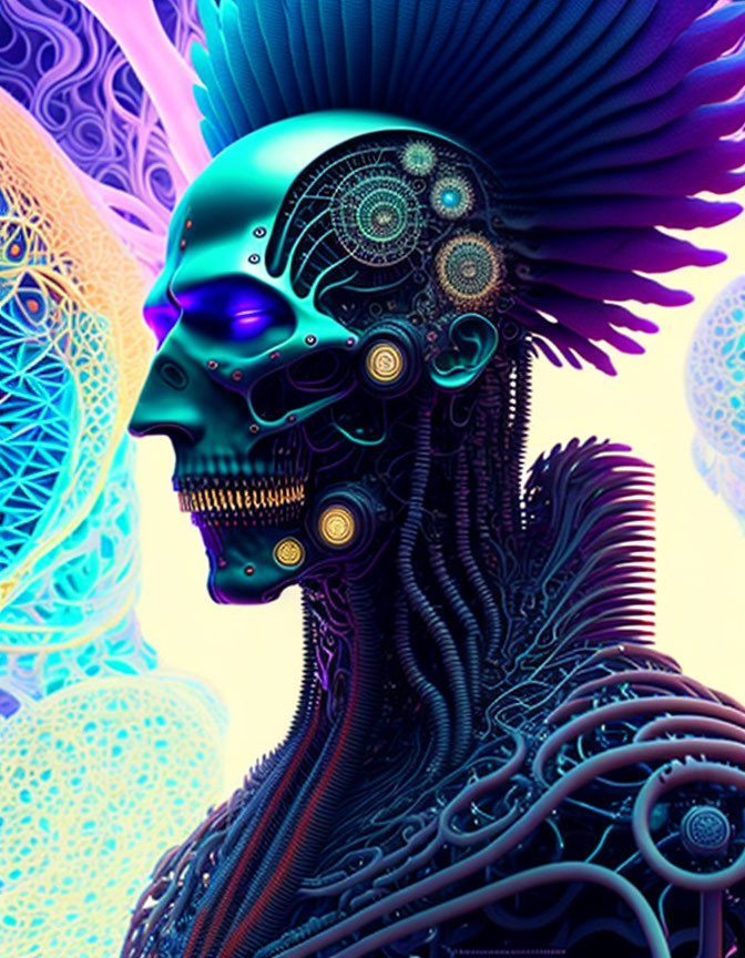 Surreal Futuristic Figure with Skull Visage and Neon Colors