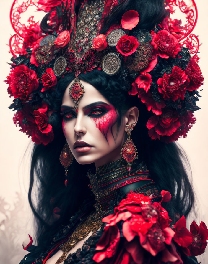 Woman with dramatic red and black makeup and headdress of red roses in gothic style