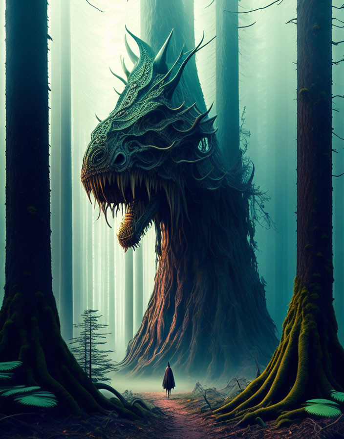 Mystical forest scene with tree dragon and lone figure