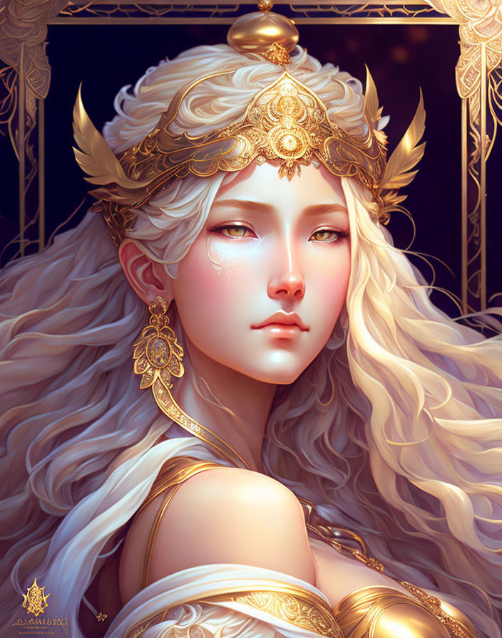 Digital Artwork: Woman with Golden Hair and Crown on Dark Background