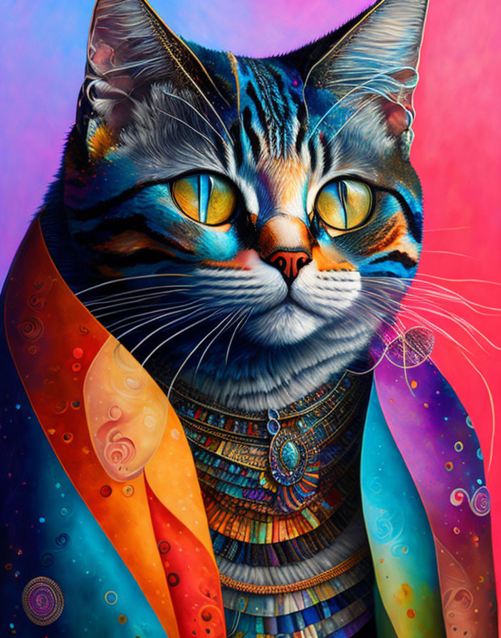 Majestic Cat in Vibrant Cloak with Cosmic Patterns