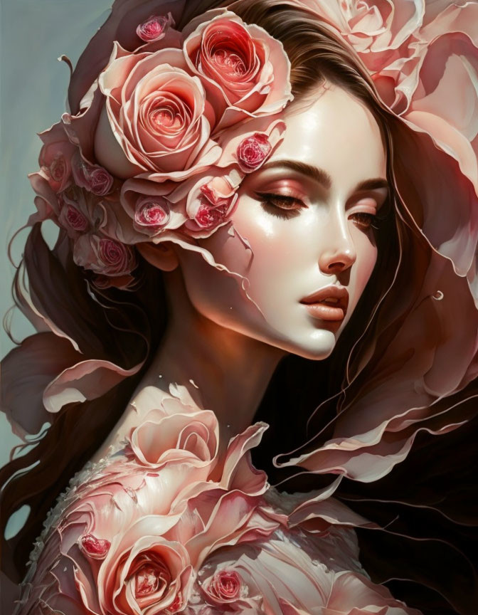 Portrait of a woman with pink roses in her hair