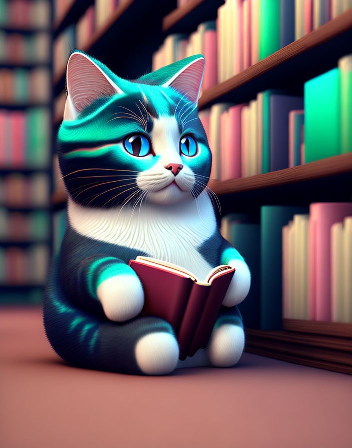 Cartoonish Cat in Colorful Library Setting