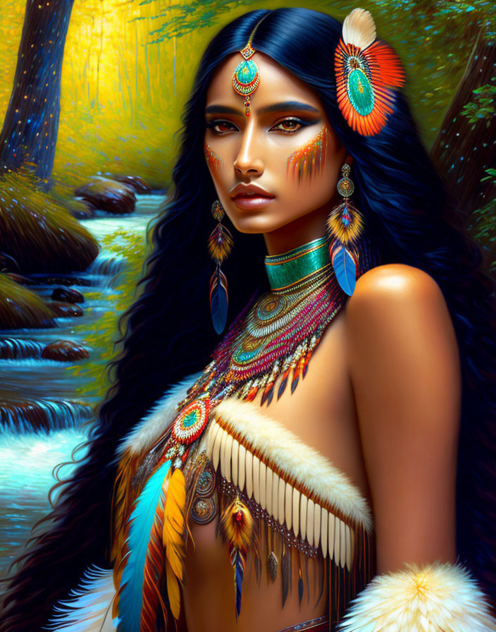 Portrait of woman with indigenous-inspired jewelry and feathered accessories in mystical forest setting