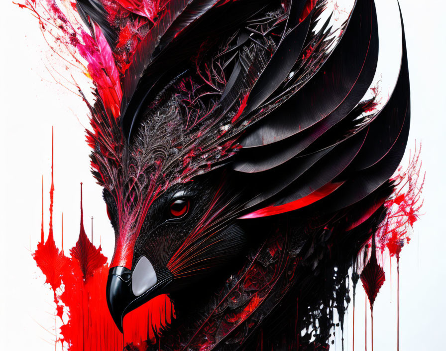 Mythical Bird with Black Feathers and Red Accents