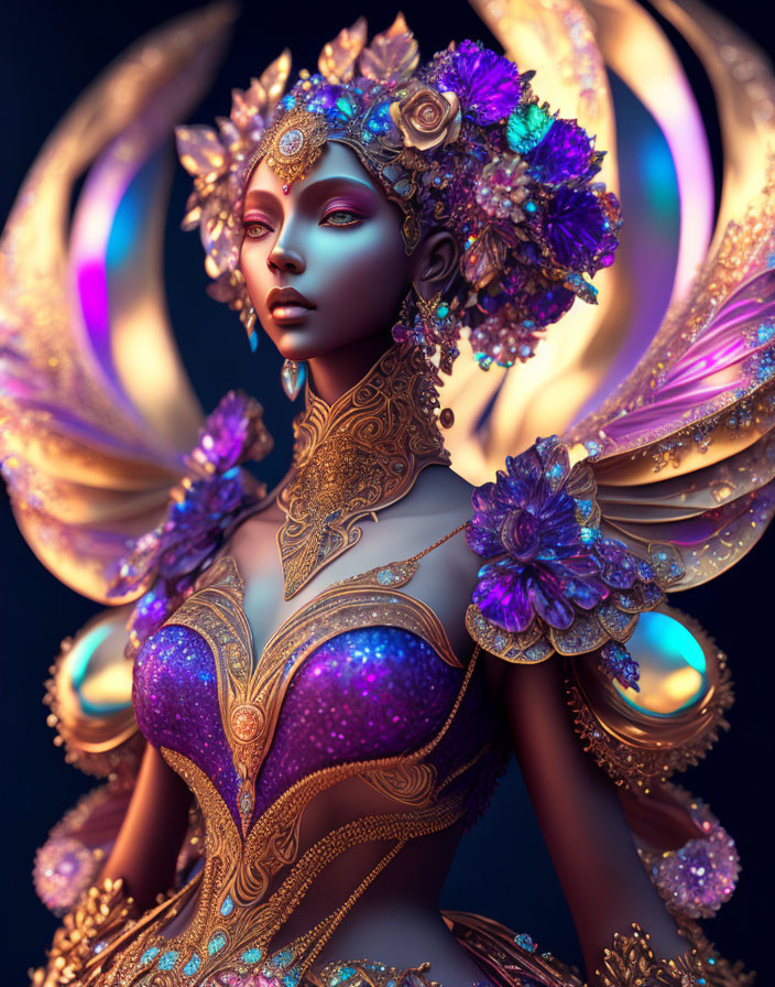 Purple-skinned regal figure with golden headpiece and luminescent crescent backdrop