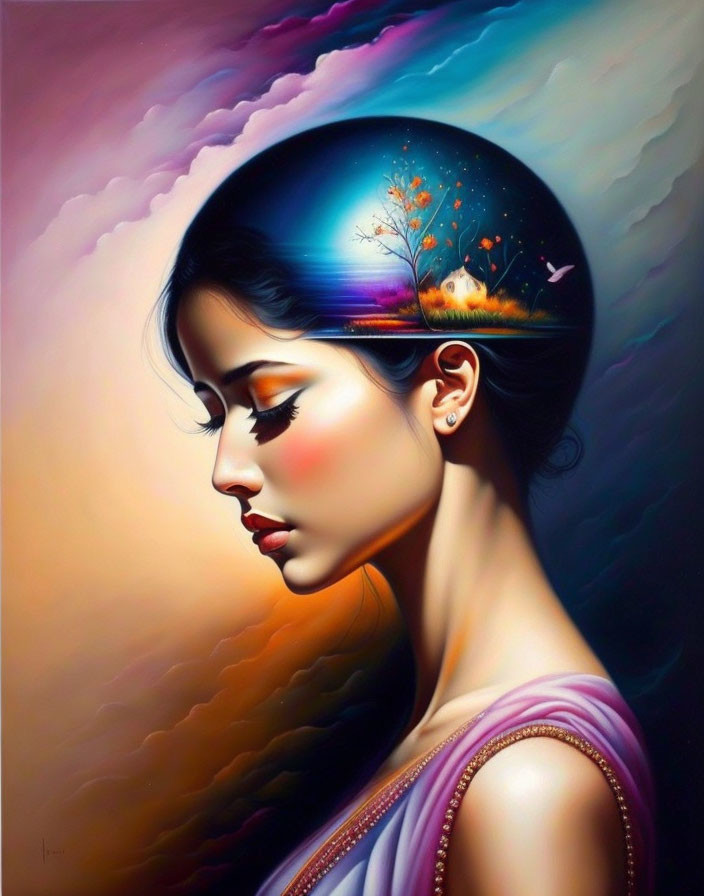 Serene Woman with Dreamlike Landscape in Profile