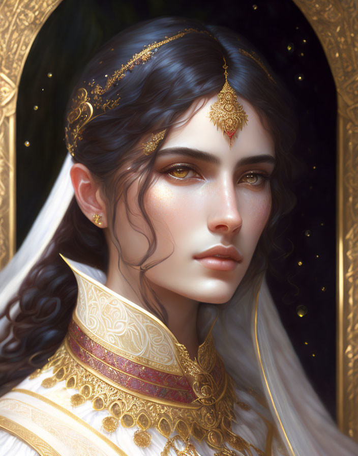 Portrait of woman with dark hair and gold jewelry, exuding regal aura.