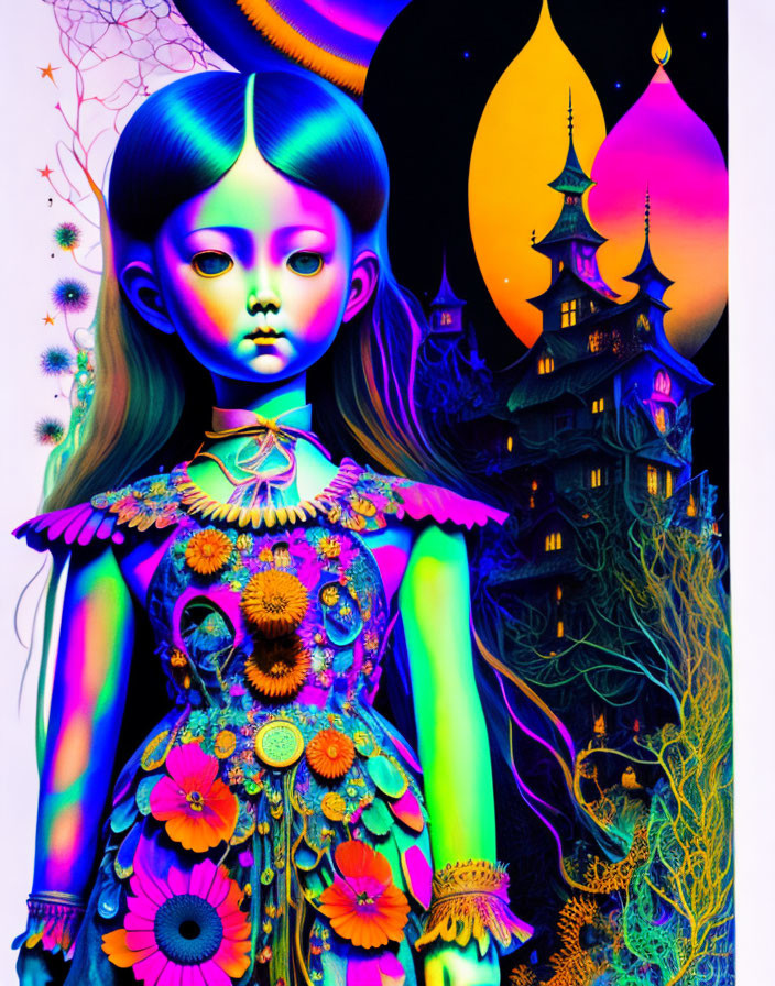 Surreal Illustration of Doll Figure in Whimsical Landscape