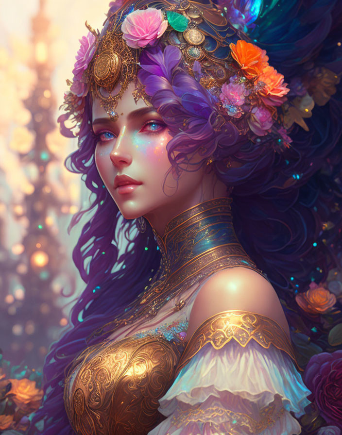 Vibrant blue hair woman with floral and gold jewelry in detailed digital art