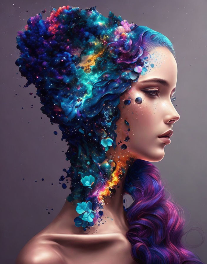 Vibrant galaxy-themed hair on woman with cosmic elements and blue flowers against gray background