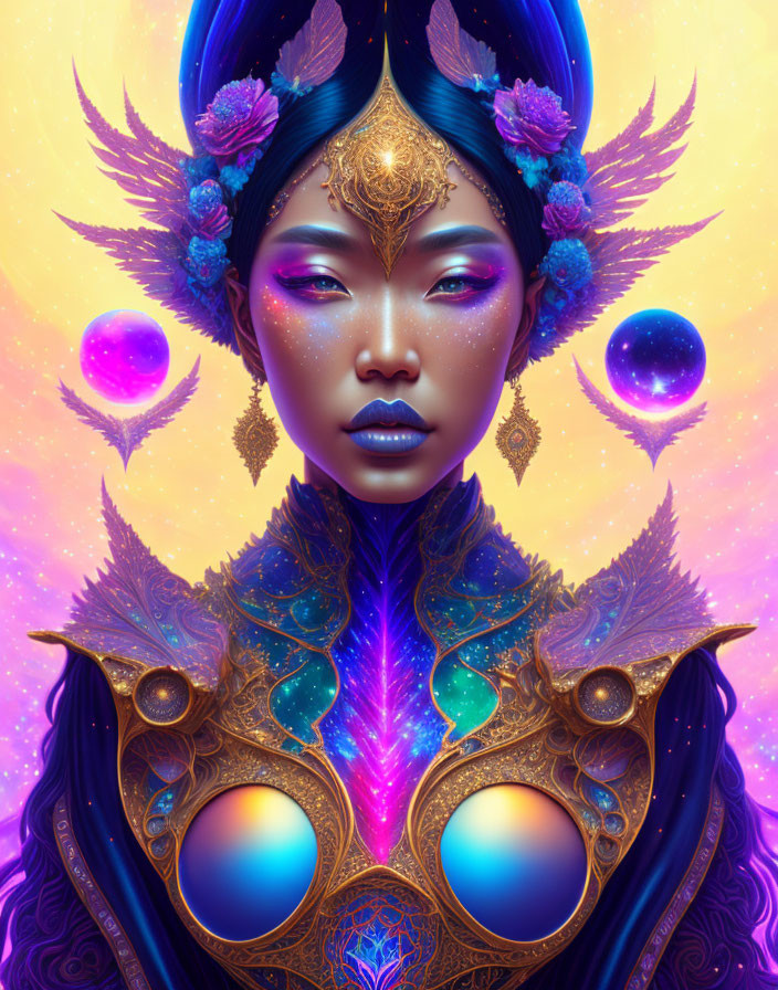 Digital artwork of woman with fantastical headdress, gold accents, feathers, purple background