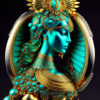 Futuristic humanoid figure with golden mechanical details