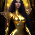 Golden Figure in Ethereal Forest with Floral Accents