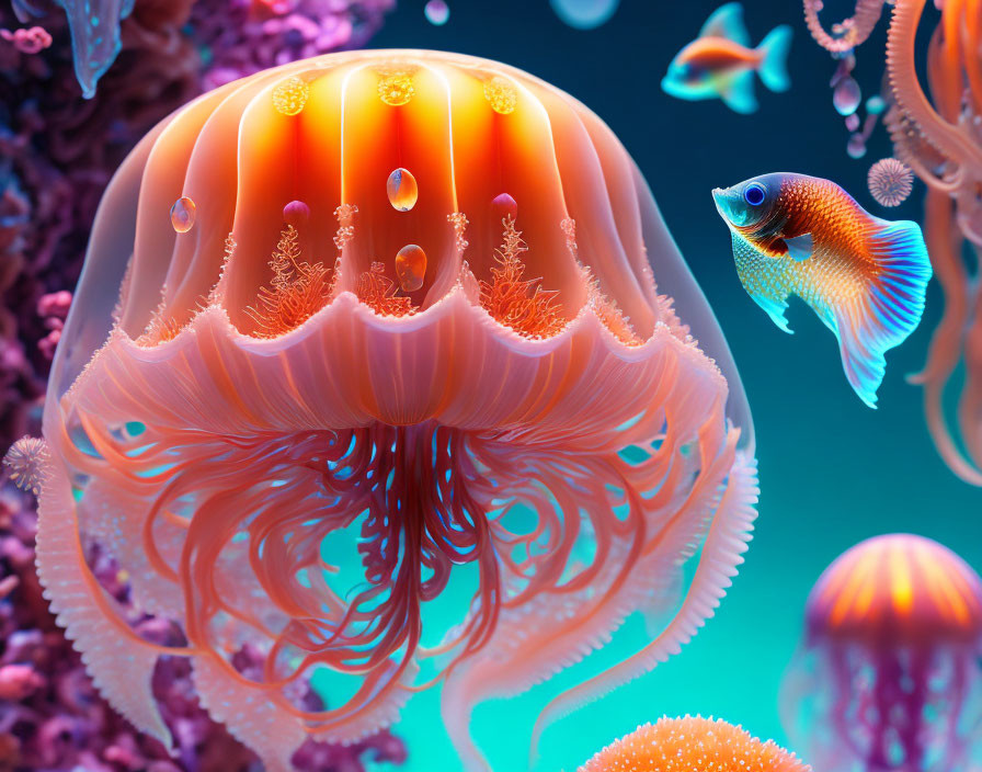 Colorful Orange Jellyfish Swimming Near Corals and Fish