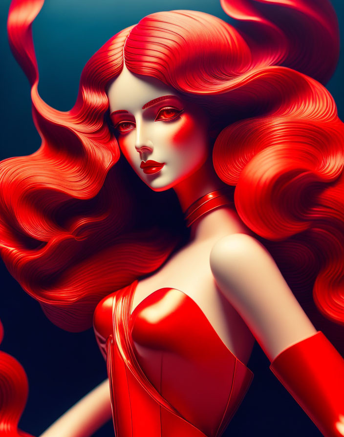 Voluminous red hair woman in red dress illustration