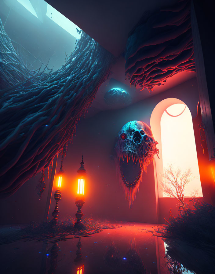 Surreal Space with Vibrant Colors and Eerie Shadows