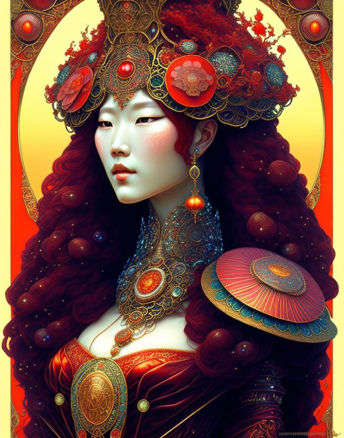 Detailed illustration of woman in red and gold headdress on orange background