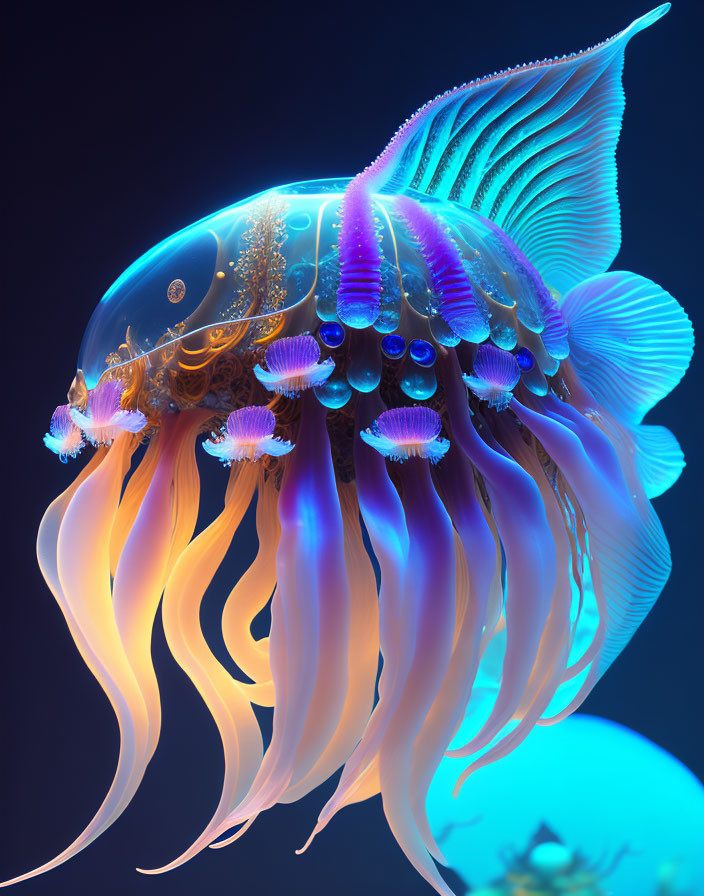 Vibrant jellyfish with flowing tentacles and intricate structures on blue background