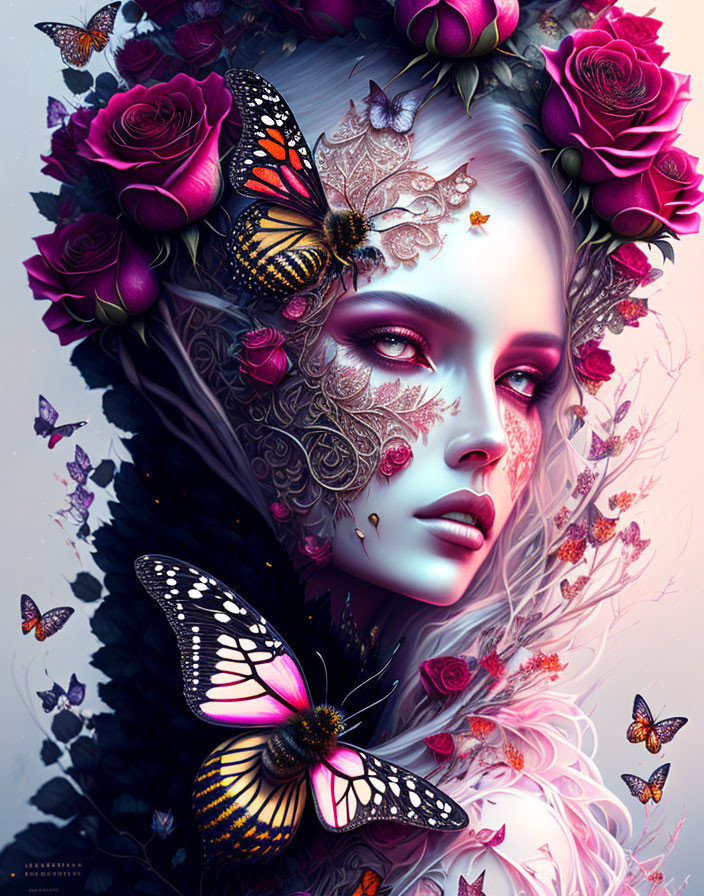 Fantastical portrait of a woman with pale skin, pink roses, lace patterns, and butterflies