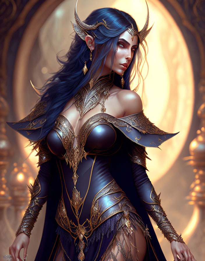 Fantasy female character with blue hair, horns, and golden armor in mystical setting