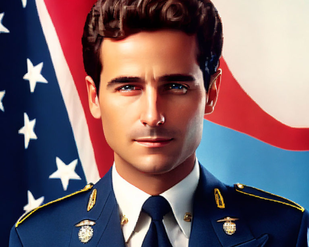 Male military officer portrait in dress uniform with blue eyes and dark hair by American flag