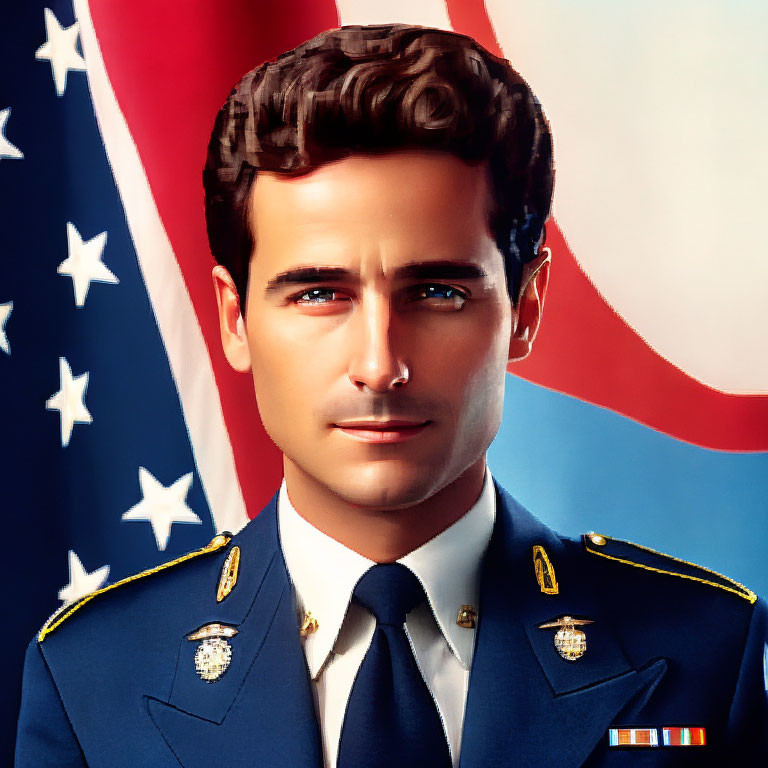 Male military officer portrait in dress uniform with blue eyes and dark hair by American flag
