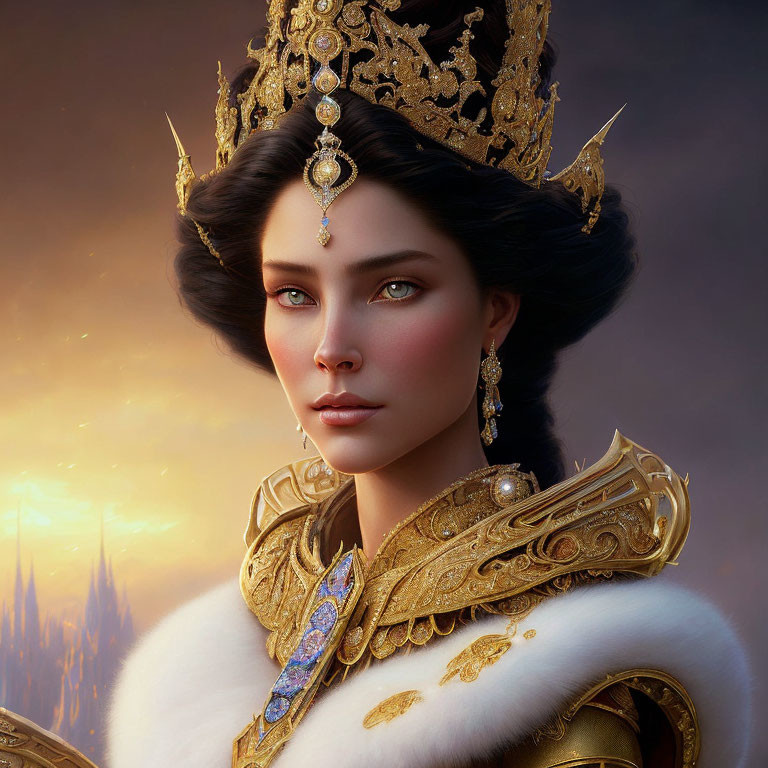 Regal woman with green eyes in golden crown and armor on warm backdrop