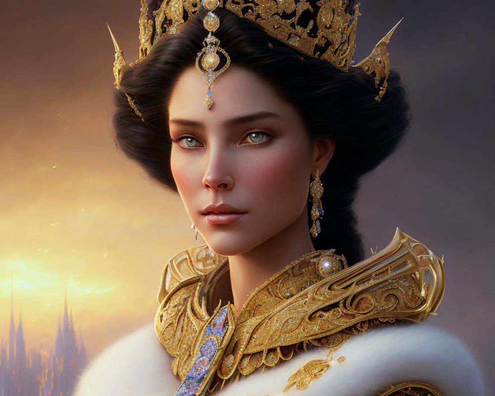 Regal woman with green eyes in golden crown and armor on warm backdrop