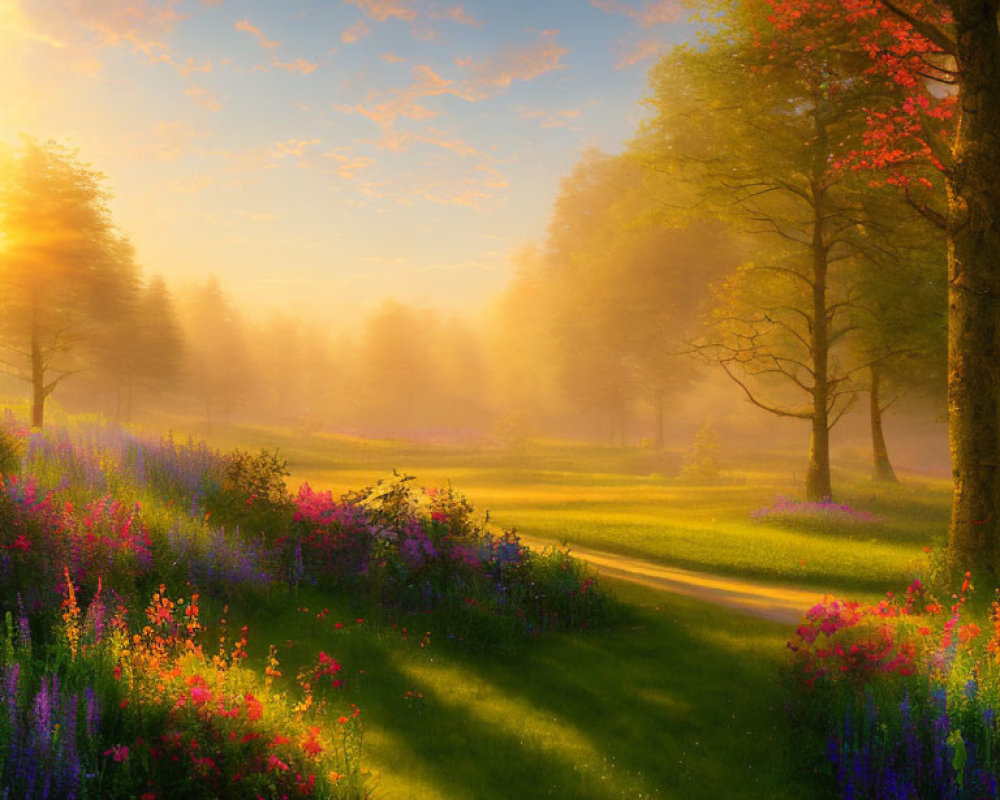 Sunlit Pathway Through Vibrant Flower-Filled Forest Clearing