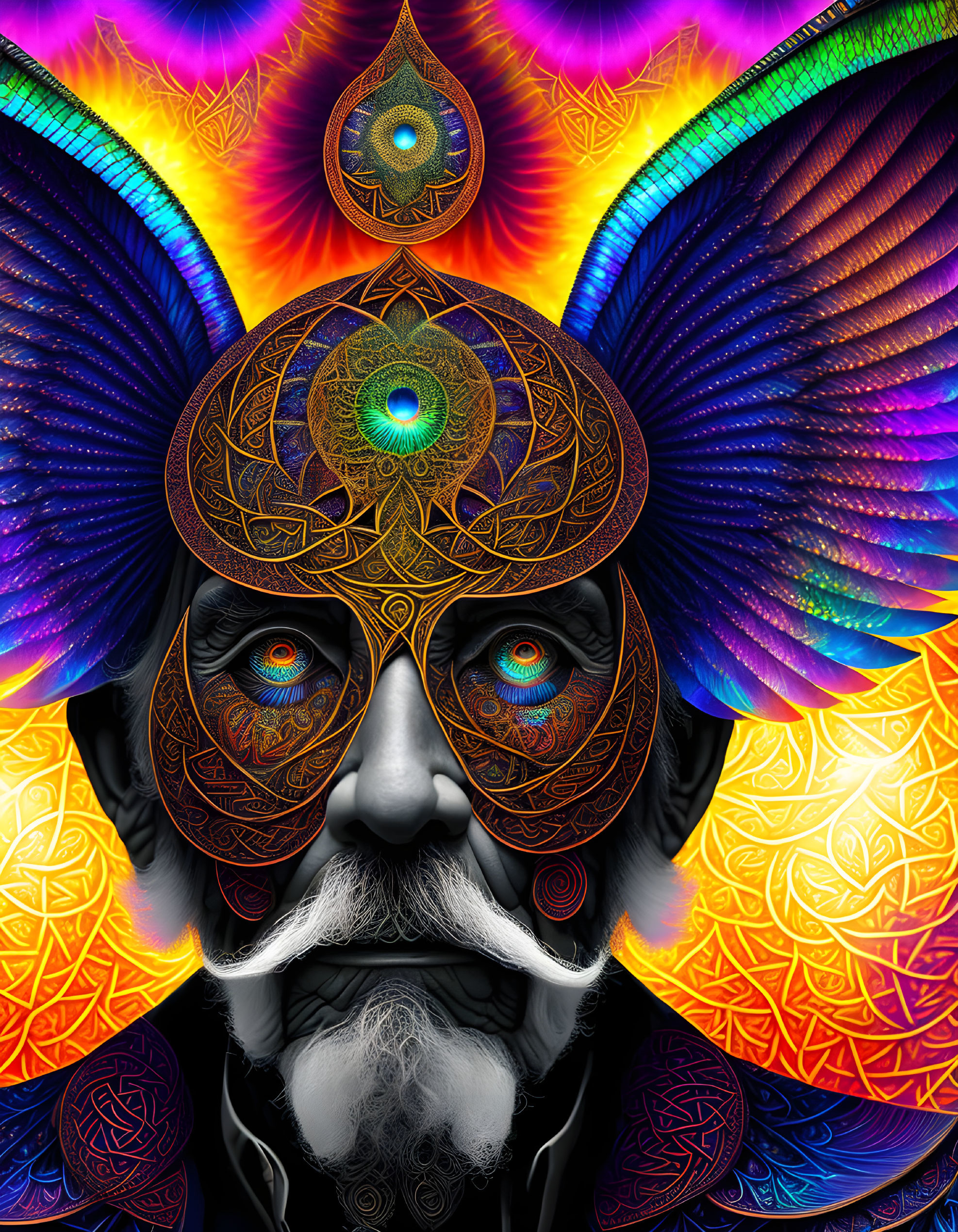 Vibrant digital artwork: Elderly man with psychedelic colors & peacock feather-like designs