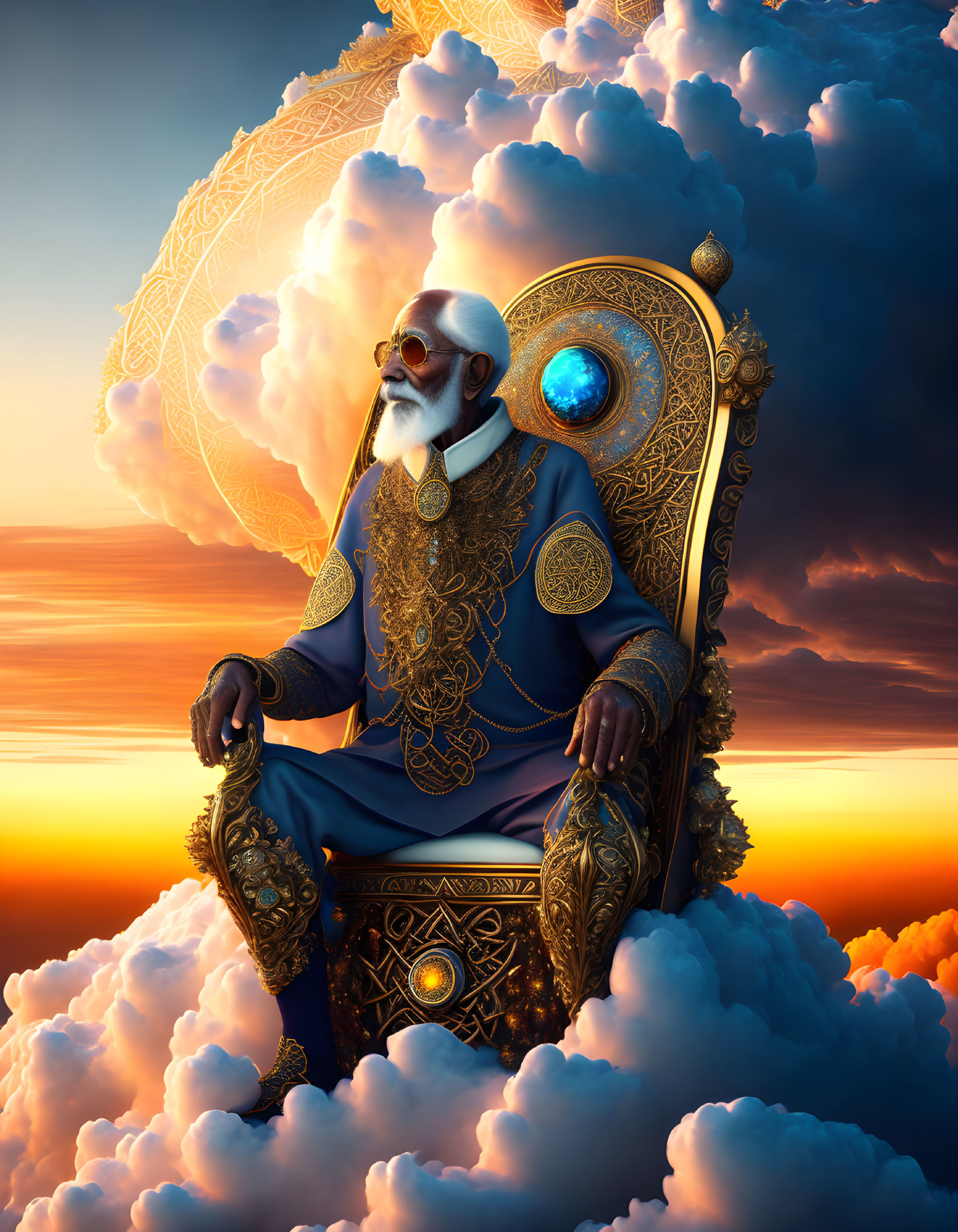 Elder with Long White Beard in Blue and Gold Robes on Cloud Throne