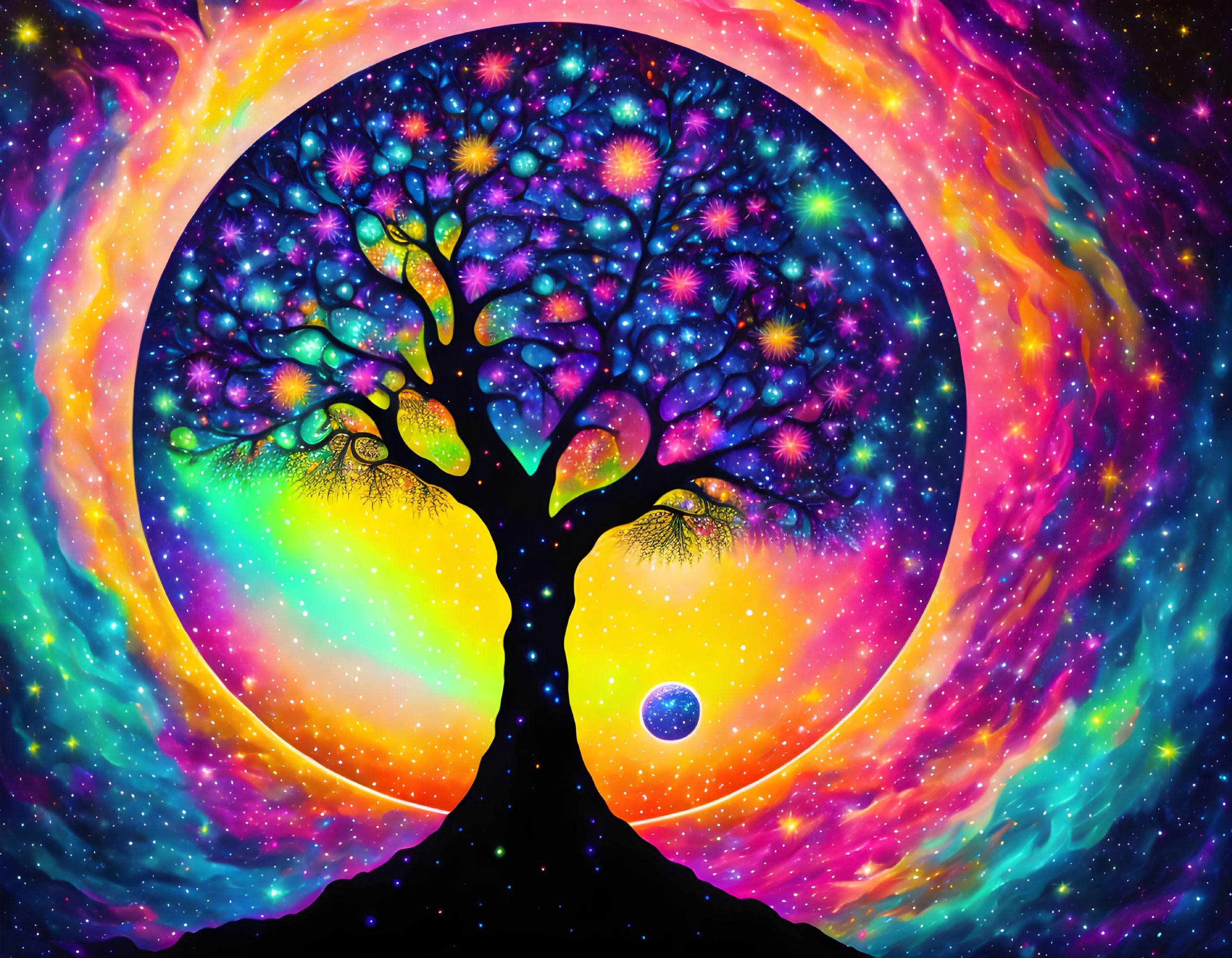 Colorful Cosmic Tree Against Starry Space Background