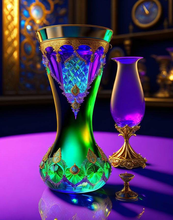 Elegant Green and Purple Glass Vase with Gold Detailing on Reflective Surface