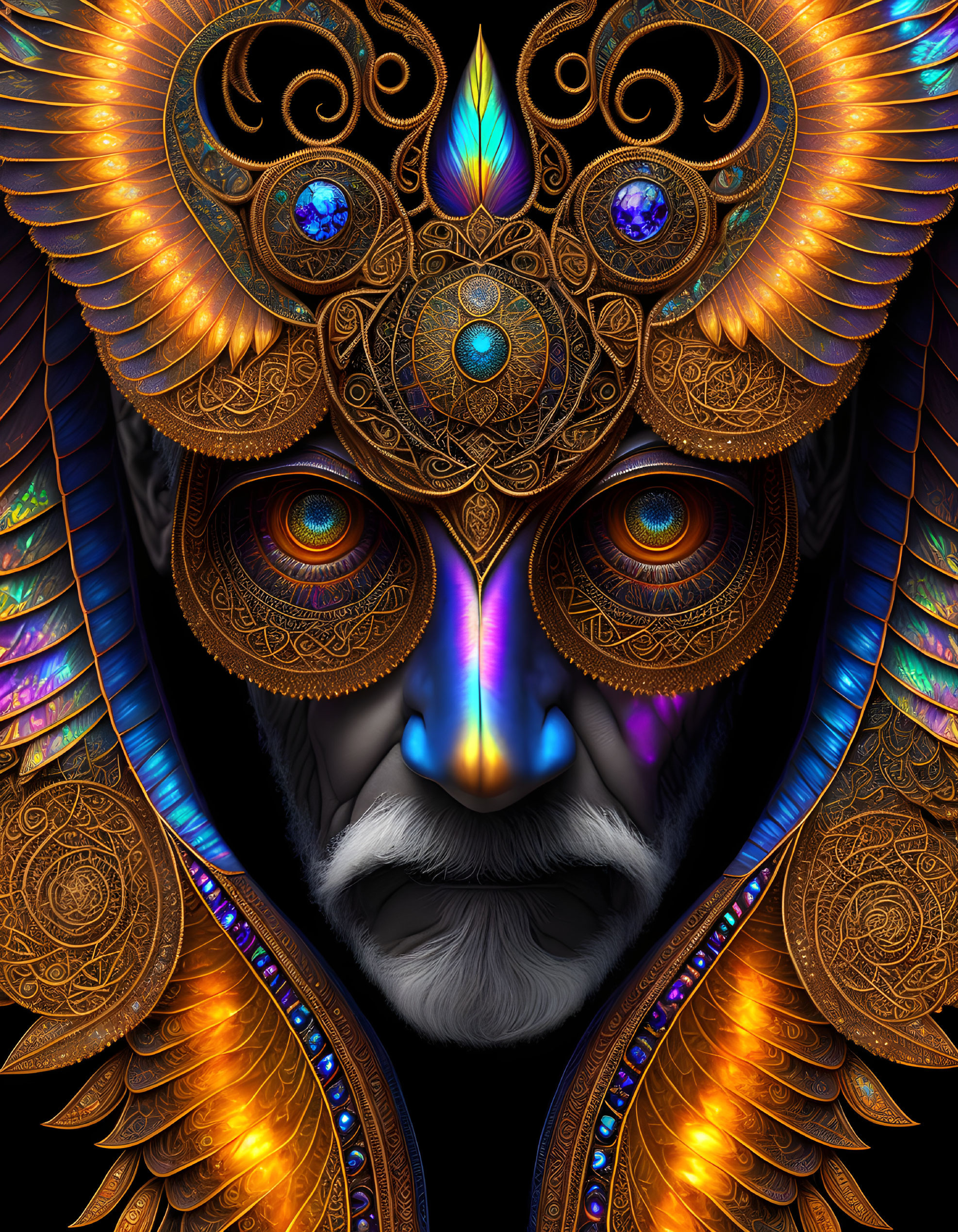 Symmetrical ornate digital artwork with intense human eyes and intricate gold patterns